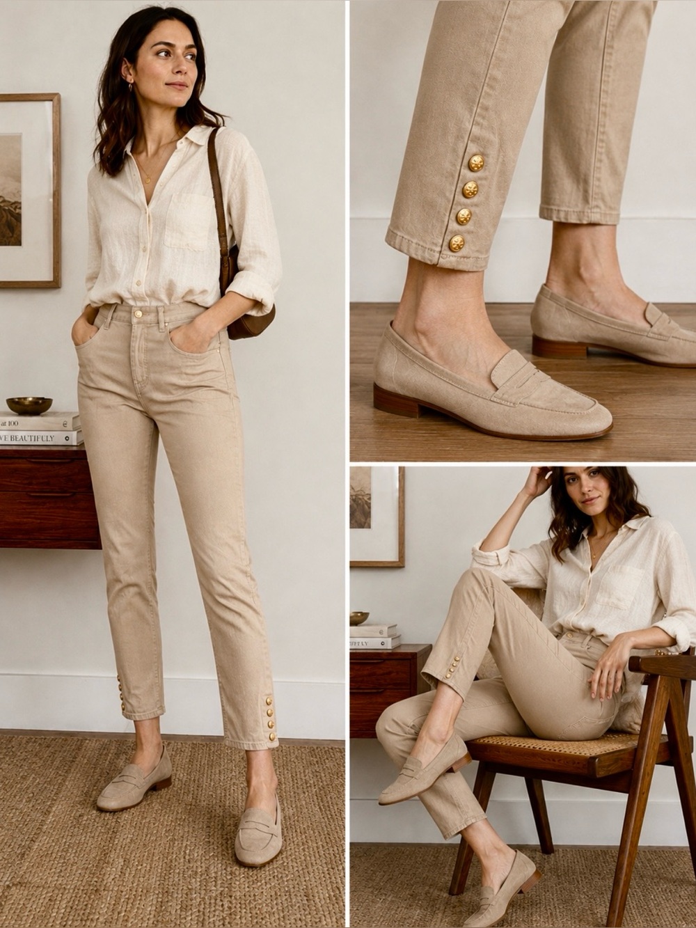 Tory Burch Emmy Beige Slim Ankle Pants Gold Snap Detail Stretch Sz 26💛